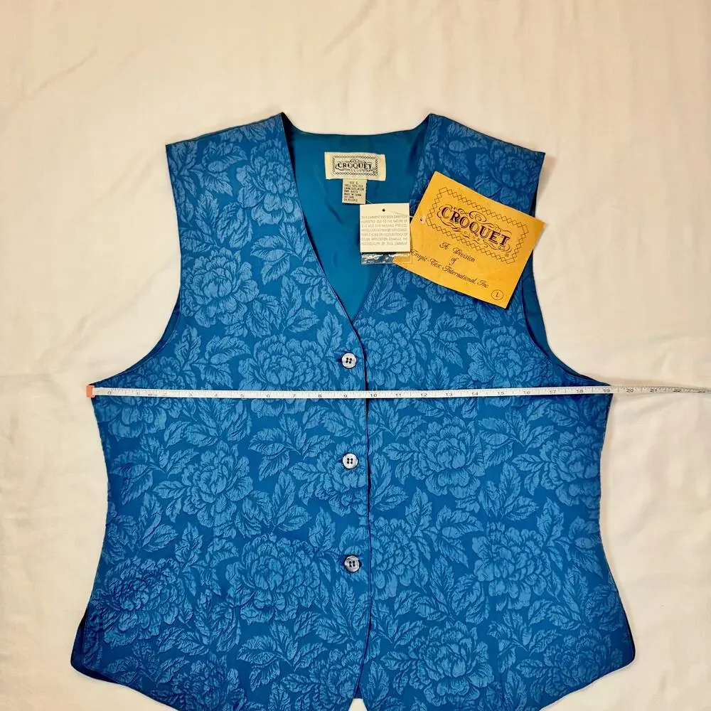 NWT Deadstock Boho Croquet Club VTG Floral Vest Blue 100% Silk Women’s Large - Picture 8 of 12
